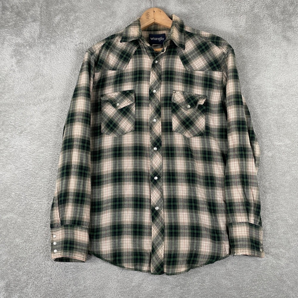 Wrangler Western Pearl Snap Shirt Mens‎ Medium Green Plaid Flannel Workwear